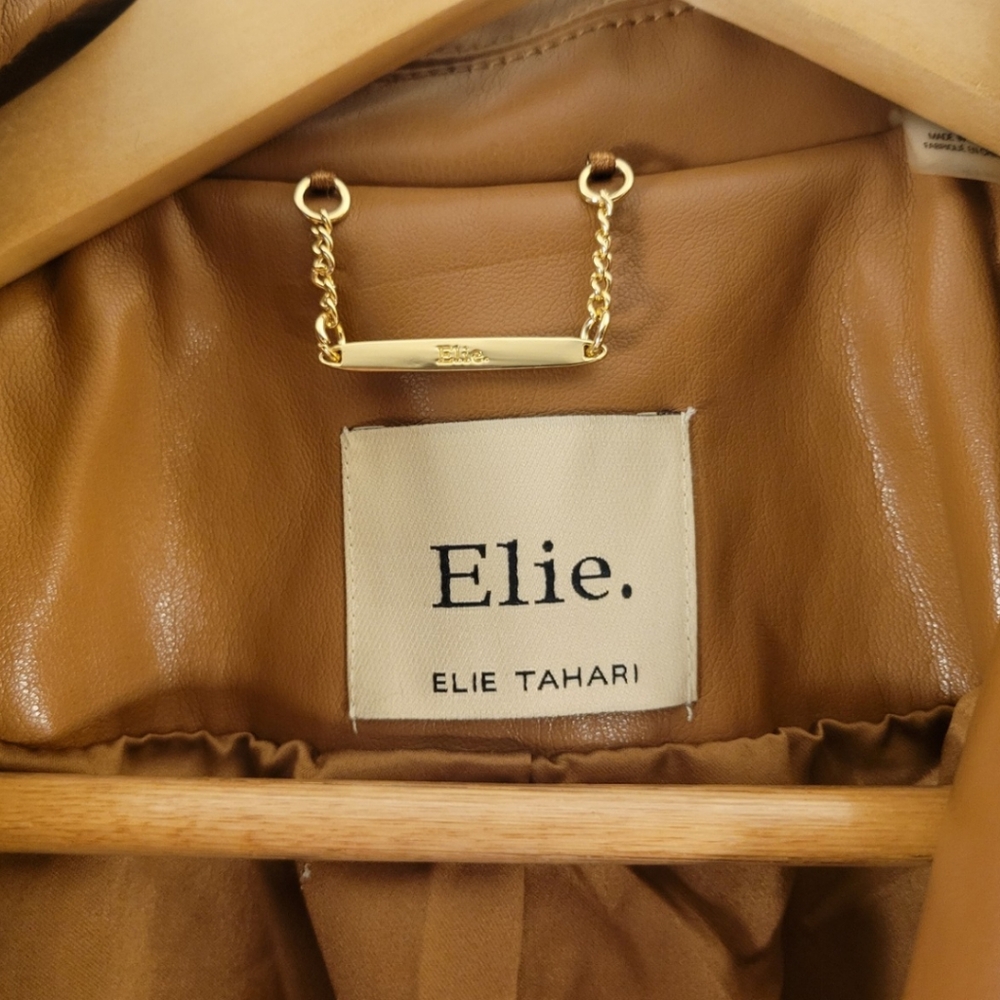 Elie Tahari Women Size M Trench Coat Faux Leather Tan Quiet Luxury Spring Preppy - Picture 4 of 7